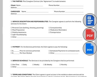 Editable Caregiver Contract Template, Single Page Homecare Agreement, Printable Nanny Contract Form, Elder Care Contract, Caregiver Forms