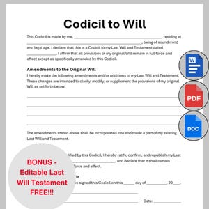 May include: A white document titled "Codicil to Will" with fillable fields. Includes a bonus offer for an editable last will and testament. Icons for Word, PDF, and DOC files are on the right.