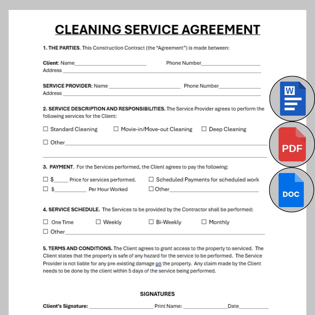 Cleaning Service Agreement Template, Editable Cleaning Contract Form ...