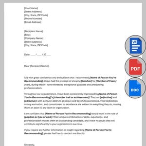 Modello di lettera di referenza personale, lettera di raccomandazione stampabile, modello di lettera di raccomandazione, lettera commerciale modificabile MS Word PDF