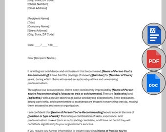 Personal Reference Letter Template, Printable Letter of Recommendation, Recommendation Letter Template, Editable Business Letter MS Word PDF