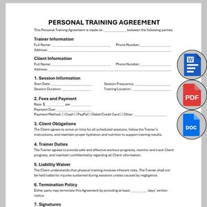 May include: A white personal training agreement form with sections for trainer and client details, session information, fees, obligations, duties, liability, and termination policy. Includes icons for Word, PDF, and DOC formats.