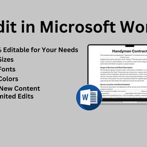 May include: A laptop displaying a "Handyman Contract" document, with the text "Edit in Microsoft Word" at the top. The image highlights the document's editability, including size, font, and color adjustments, and the ability to add content.