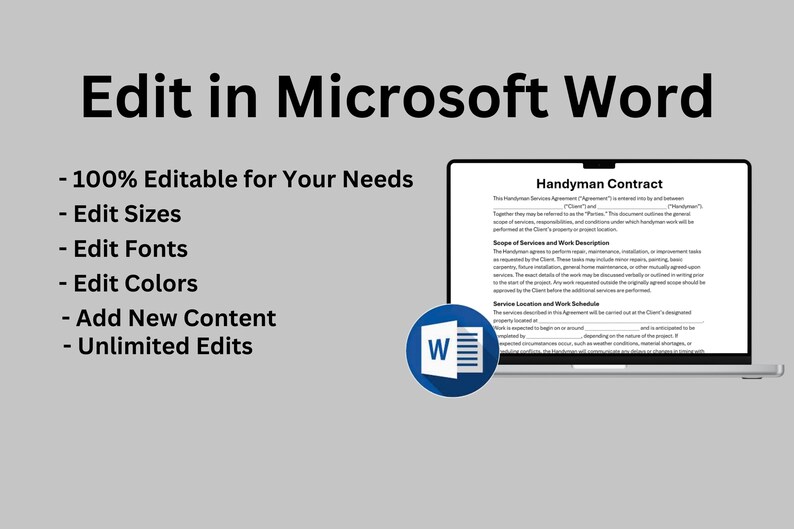 May include: A laptop displaying a "Handyman Contract" document, with the text "Edit in Microsoft Word" at the top. The image highlights the document's editability, including size, font, and color adjustments, and the ability to add content.