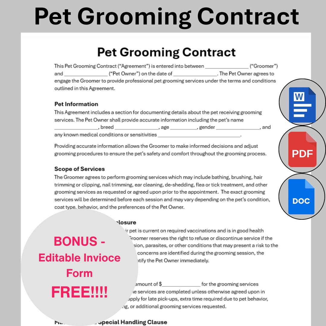 Grooming Forms.pdf Pet Grooming Contract Template, Customizable Dog Cat Grooming Form ...