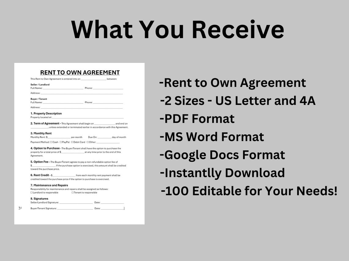 Own Use Form Editable Rent to Own Agreement, Simple Lease to Own Option Agreement ...