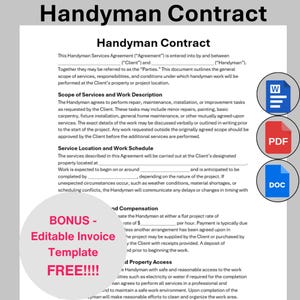 May include: Handyman Contract document with sections for services, schedule, and compensation. Includes a bonus editable invoice template. Features icons for Word, PDF, and DOC formats.