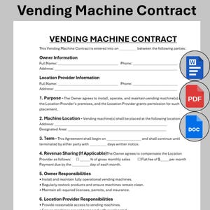 May include: A white Vending Machine Contract document with the title "VENDING MACHINE CONTRACT" at the top. The document includes sections for owner and location provider information, purpose, machine location, term, revenue sharing, and responsibilities. Icons for Word, PDF, and DOC files are on the right.