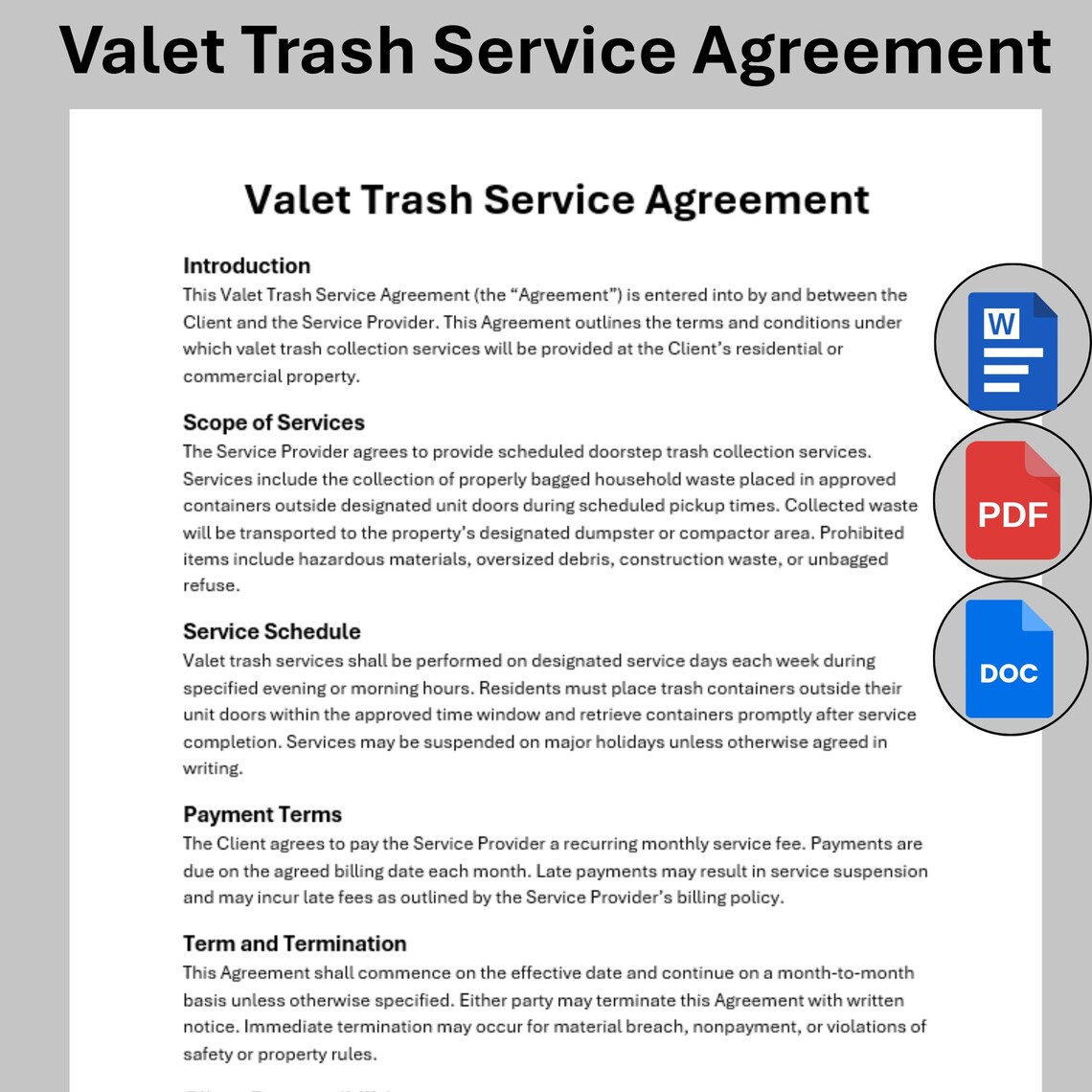 Valet Trash Contract Editable Template, Customizable Garbage Pickup ...