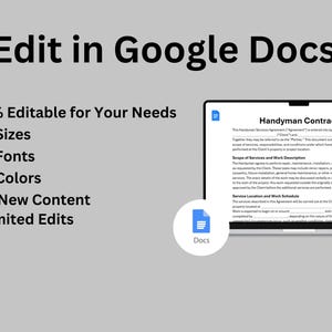 May include: A laptop displays a "Handyman Contract" document. Text on the screen and in the image states the document is 100% editable, allowing edits to sizes, fonts, and colors, with the ability to add new content. A "Docs" icon is also visible.