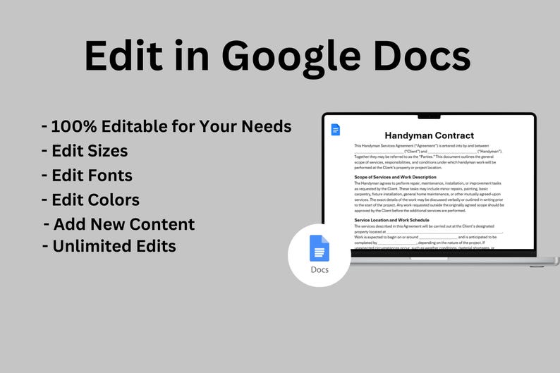 May include: A laptop displays a "Handyman Contract" document. Text on the screen and in the image states the document is 100% editable, allowing edits to sizes, fonts, and colors, with the ability to add new content. A "Docs" icon is also visible.