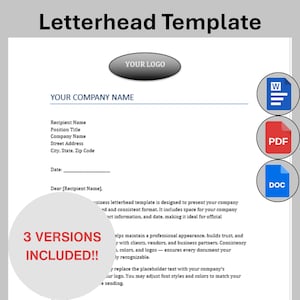 May include: A white letterhead template with the text "Letterhead Template" at the top. The template includes space for a logo, company name, recipient details, and a date. The words "3 VERSIONS INCLUDED!!" are also visible.