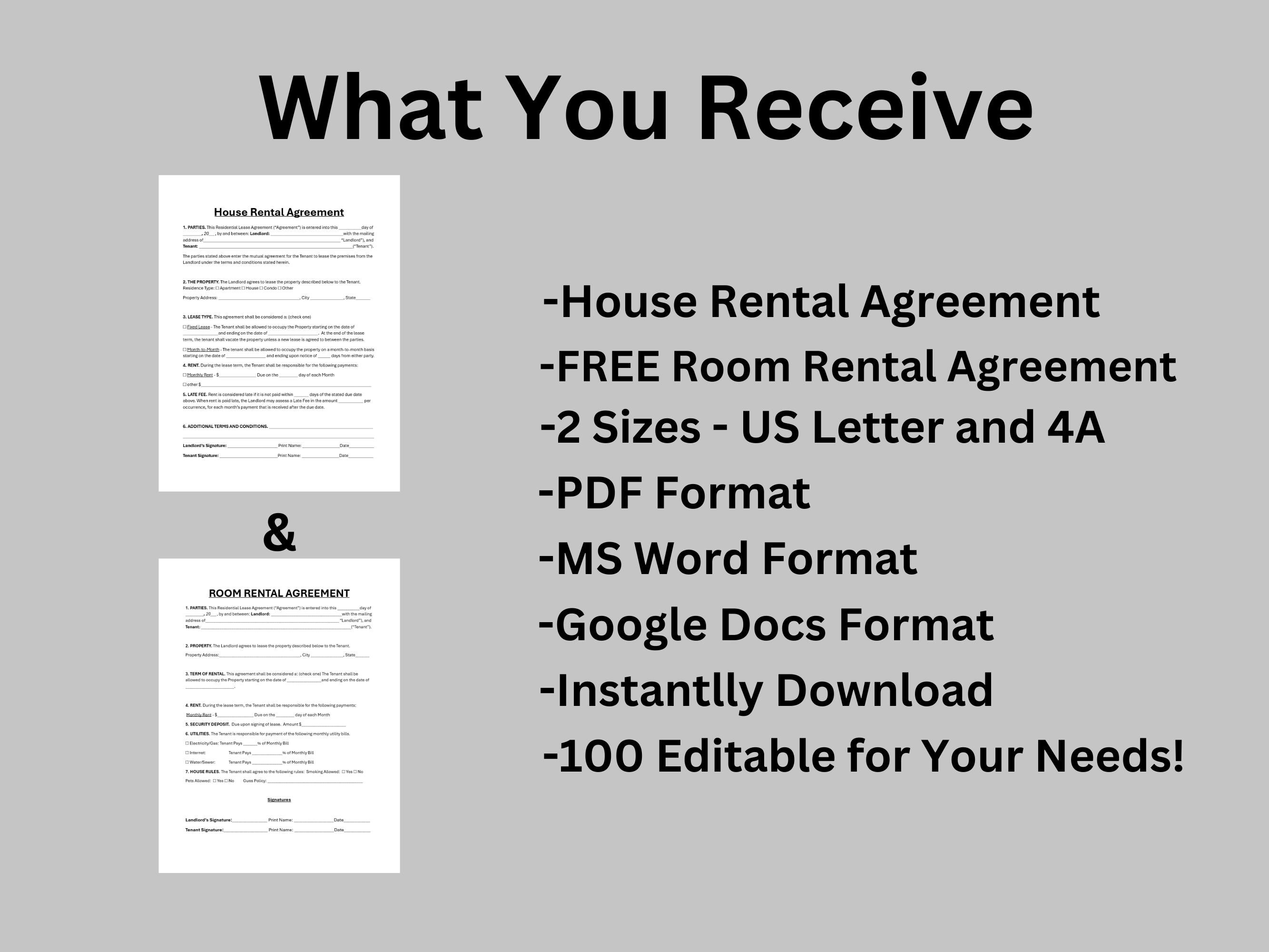 Editable House Rental Agreement Template, Single Page Home Landlord ...