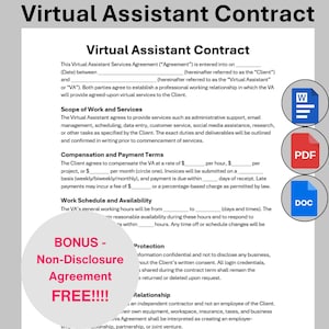 Virtual Assistant Contract Template, Customizable Freelance Assistant VA Agreement, Editable Personal Assistant Employee Services Form PDF