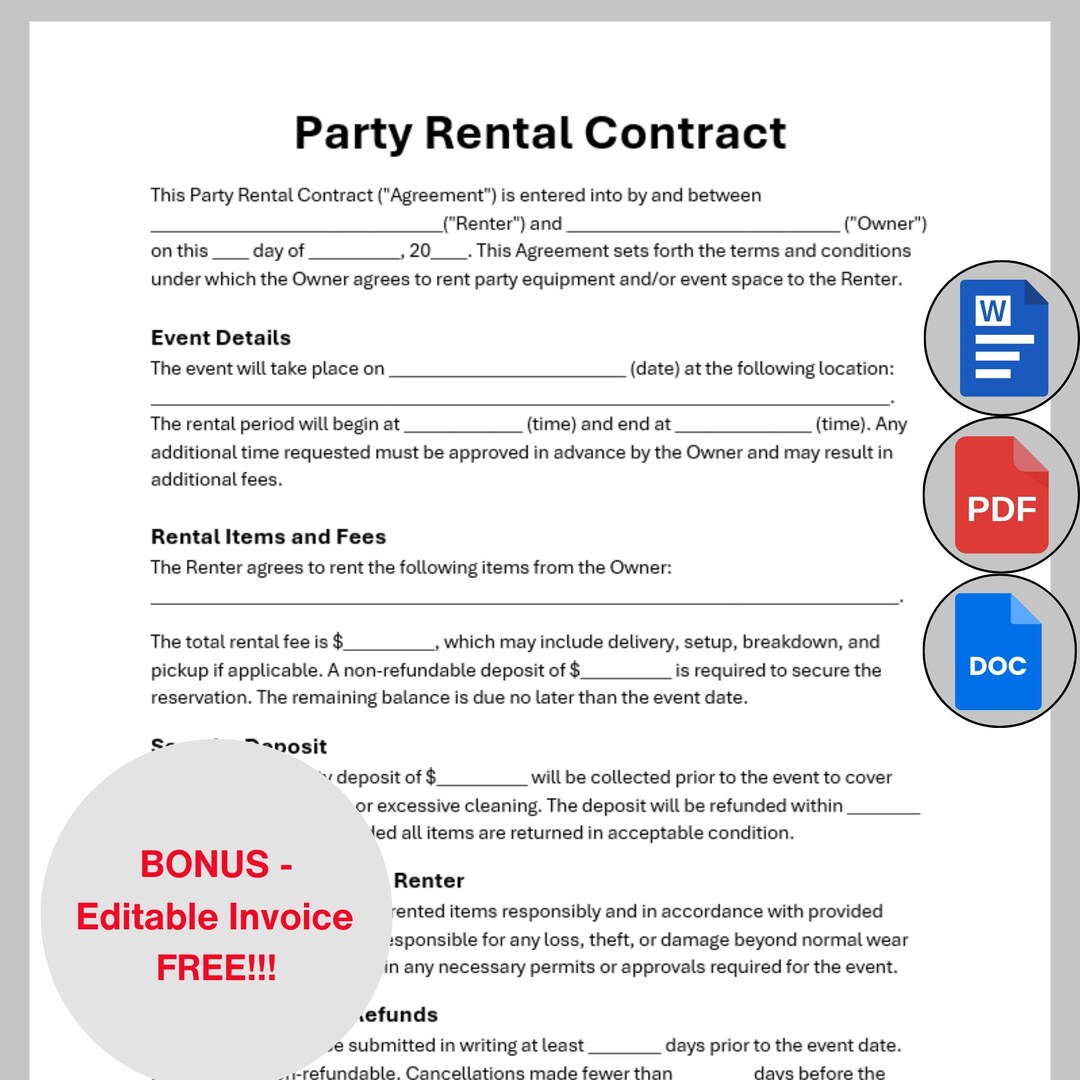Example Event Rental Agreement Customizable Party Rental Contract, Editable Party Rental Agreement ...