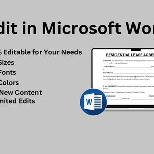 May include: A laptop screen displays a "Residential Lease Agreement" document. The image includes the text "Edit in Microsoft Word" and bullet points highlighting editable features like sizes, fonts, and colors. A Microsoft Word logo is also present.