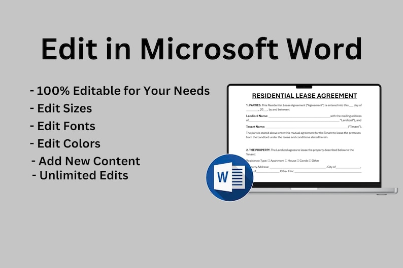 May include: A laptop screen displays a "Residential Lease Agreement" document. The image includes the text "Edit in Microsoft Word" and bullet points highlighting editable features like sizes, fonts, and colors. A Microsoft Word logo is also present.