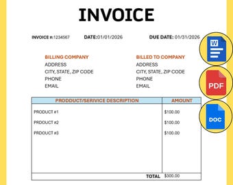 Invoice Editable Template, Printable Invoice, Custom Invoice, Invoice Form, Services Invoice, Product Invoice, Small Business Invoice Form