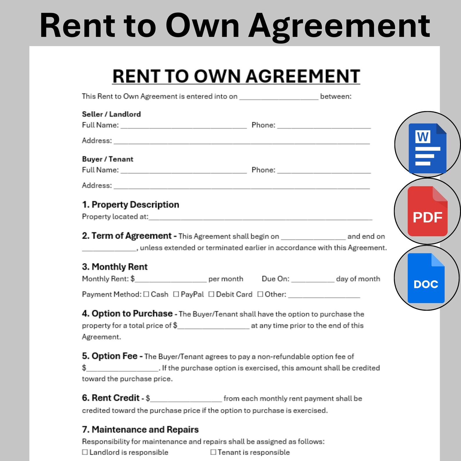 Own Use Form Editable Rent to Own Agreement, Simple Lease to Own Option Agreement ...