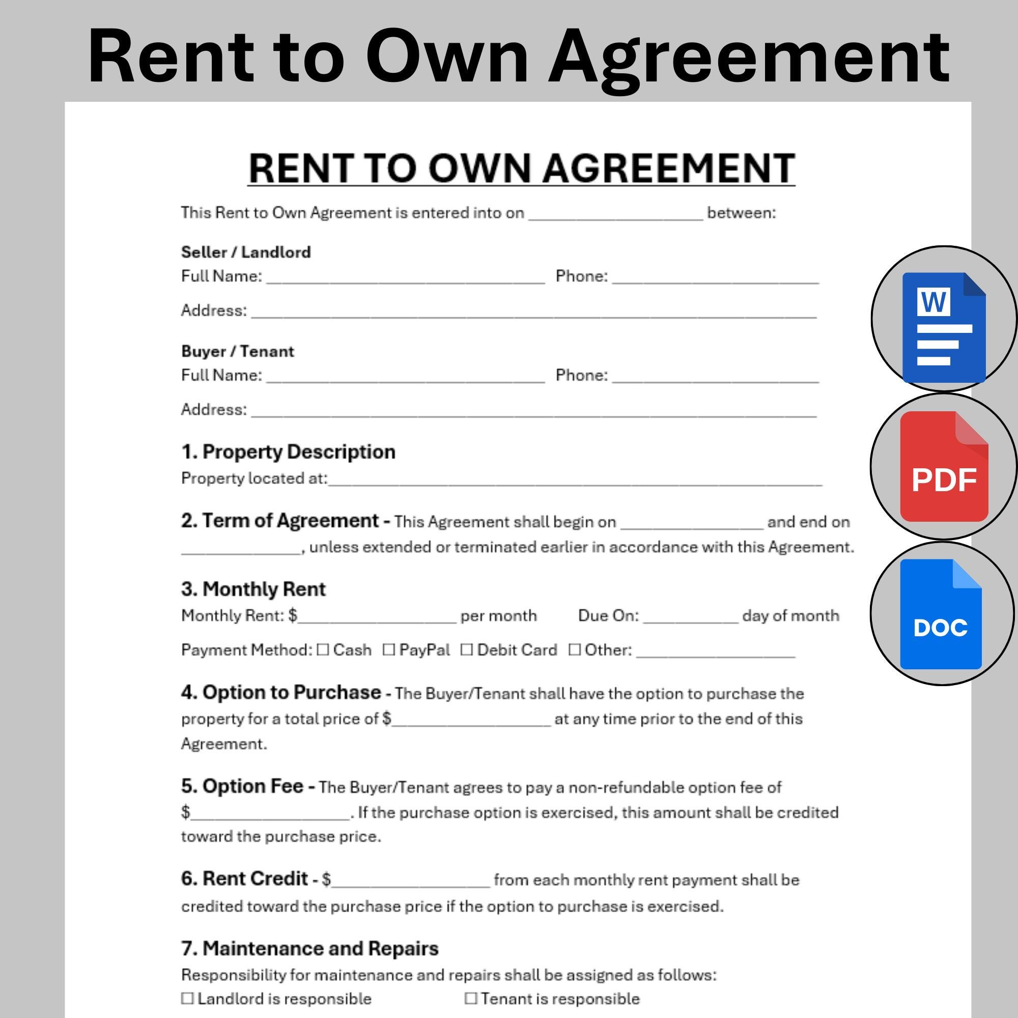 New Contract Rent Request Form Editable Rent to Own Agreement, Simple Lease to Own Option Agreement ...