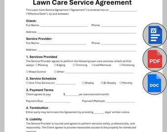 Editable Lawn Care Agreement, Single Page Landscaping Contract, Printable Garden Care Agreement, Service Contract, Yard Service Agreement