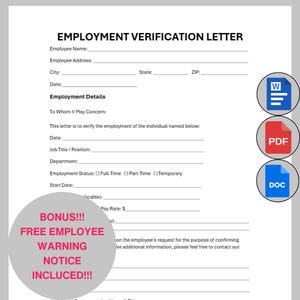 May include: Employment verification letter template with fillable fields for employee information, job details, and employment status. Includes a bonus free employee warning notice. Icons for Word, PDF, and DOC formats are visible.