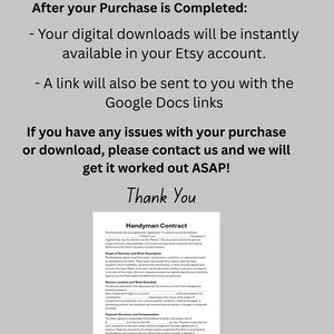 May include: A white document with the text "Downloading Your Digital Files" and "Handyman Contract". The document provides instructions for digital downloads and a contract template. The text is in black font.