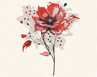 Red Poppy Embroidery Design, Watercolor Floral Machine Embroidery File PES DST JEF Botanical Flower 4 Sizes Instant Download