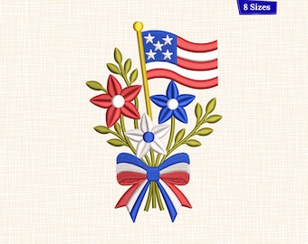 Patriotic Floral Bouquet Embroidery Design, USA Flag Wildflower Machine File (8 Sizes)