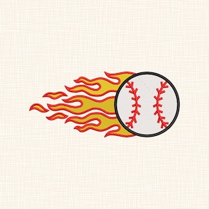 Könnte beinhalten: Ein Baseball mit roter Naht und schwarzem Umriss, dargestellt mit stilisierten gelben und roten Flammen, die hinter ihm herziehen. Das Design befindet sich auf cremefarbenem Hintergrund.