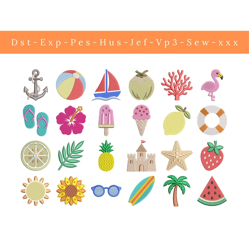 Paquete de minidiseños de bordado de verano, 24 iconos de playa y verano para bordado a máquina, conjunto de minidiseños de playa tropical en 5 tamaños (DST, PES, JEF). imagen 2