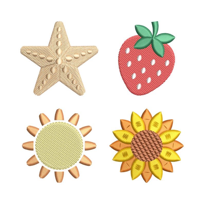 Puede incluir: Cuatro parches bordados: una estrella de mar beige, una fresa roja con hojas verdes, un sol amarillo y naranja y un girasol amarillo y naranja. Estos parches son probablemente para ropa o proyectos de manualidades.