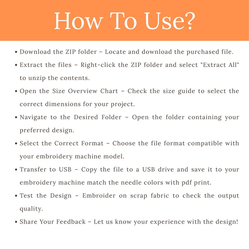 Puede incluir: Imagen con el t&iacute;tulo "How To Use?" en texto blanco sobre fondo naranja. Debajo, una lista de instrucciones en texto negro sobre fondo blanco explica c&oacute;mo descargar, extraer y utilizar un archivo digital para bordado.