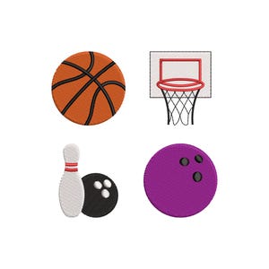 Op de afbeelding: Een assortiment geborduurde sportpatches. Bevat een basketbal, een basketbalring, een bowlingpin met een bowlingbal en een paarse bowlingbal. Alle items zijn weergegeven met gedetailleerde steken.