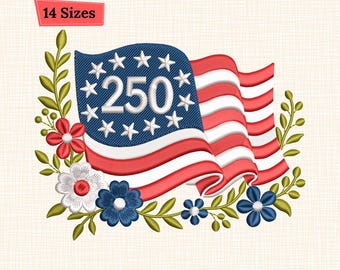 Desenho de bordado floral da bandeira dos EUA 250 ondulando (14 tamanhos)