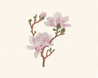 Desenho de Bordado de Flor de Magnólia em Formato de Pires, Padrão de Bordado à Máquina Floral de Primavera, 10 Tamanhos, Download Digital