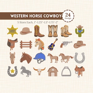 Western Cowboy Embroidery Bundle 24 Designs, Horse Boots Hat Rodeo Mini Embroidery 1-2 Inch, Ranch Western Machine Embroidery Pack 5 size