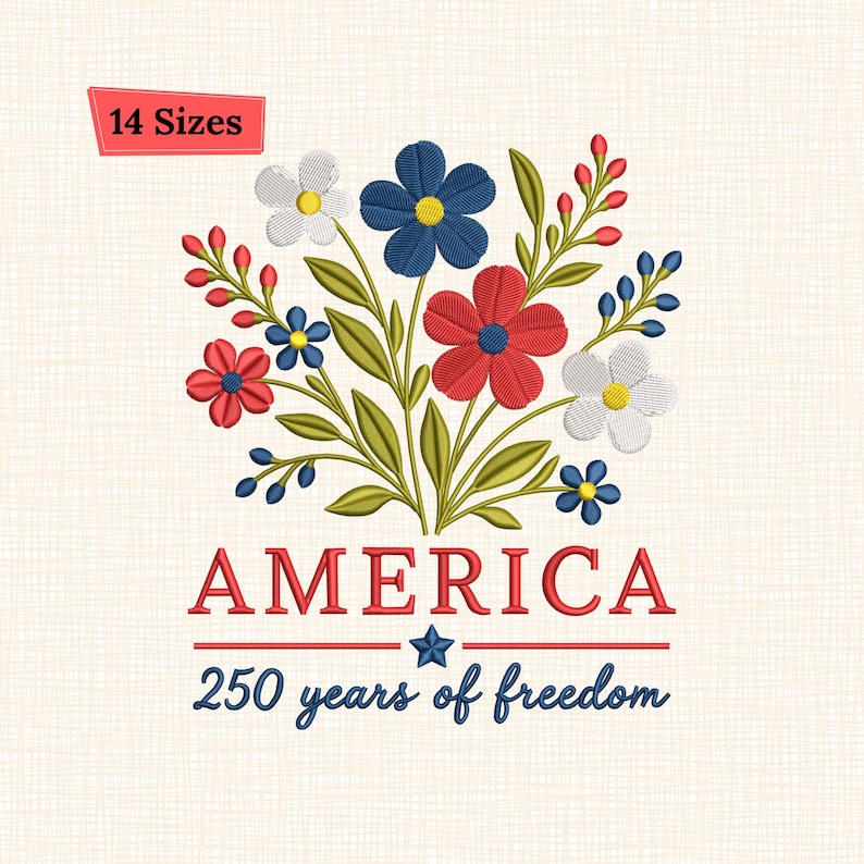 America 250 years of freedom embroidery design featuring bold USA lettering with red, white, and blue floral elements and patriotic accents. Perfect for 4th of July shirts, Independence Day outfits, anniversary celebrations, tote bags, kitchen towels, and home decor. Includes 14 size options. Bright festive embroidery design with clean stitching, vibrant colors, and professional results for patriotic and seasonal projects.