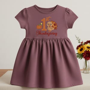 May include: A mauve short-sleeved dress featuring an embroidered graphic of a pumpkin, a turkey, and the text 1st Thanksgiving. The dress has a round neckline, gathered puff sleeves, and a pleated skirt that falls from a high waistline.