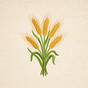 Può includere: Un disegno da ricamo che raffigura un fascio di cinque spighe di grano dorate con chicchi gialli dettagliati e lunghe reste sottili. Le spighe sono sostenute da steli e foglie di un verde vivace, il tutto reso con un effetto a punto strutturato su un tessuto beige chiaro.