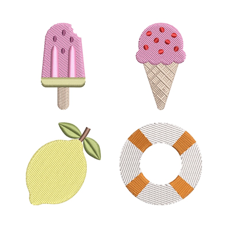 Puede incluir: Dise&ntilde;os bordados con tem&aacute;tica veraniega: un polo rosa con una mordida, un cono de helado con helado rosa y chispas rojas, un lim&oacute;n amarillo con hojas verdes y un salvavidas a rayas blancas y naranjas.