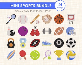Sports Embroidery Design Bundle, 24 Mini Sports Icons, Football Basketball Baseball Soccer Tennis Embroidery Files, Machine Embroidery Set
