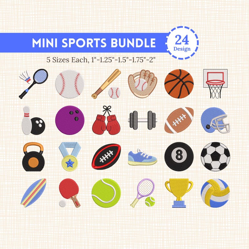 Digital machine embroidery bundle featuring 24 mini sports designs including baseball, football, basketball, soccer ball, tennis ball, bowling pin, baseball glove, bat, and trophy. Files available in 5 sizes from 1 inch to 2 inches wide. Formats include PES DST JEF HUS EXP SEW VP3 and XXX. Instant download for Brother, Janome, and Singer machines. Perfect for embroidering hats and baby clothes.