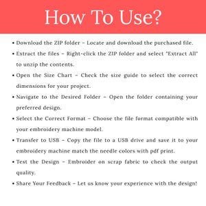 以下が含まれることがあります： 赤いバナーに「How To Use?」というタイトルの画像。手順には、ZIPフォルダーのダウンロード、ファイルの抽出、サイズチャートの開き方、フォルダーのナビゲート、フォーマットの選択、USBへの転送、デザインのテスト、フィードバックの共有が含まれます。