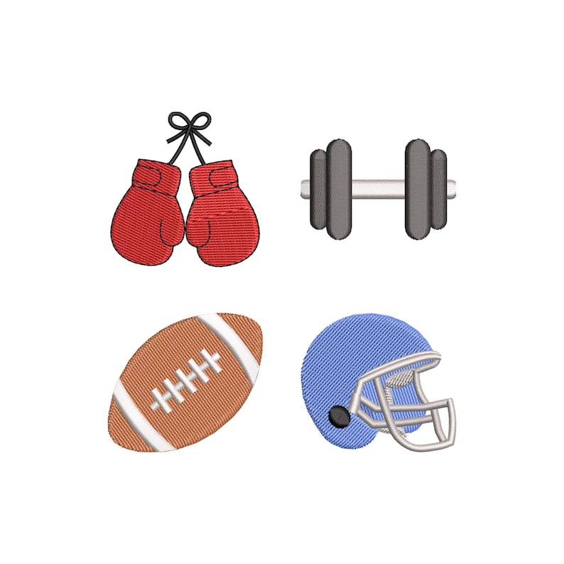 Op de afbeelding: Geborduurde sportthema-ontwerpen op een witte achtergrond. Inclusief rode bokshandschoenen, een grijze halter, een bruine American football met witte strepen en een blauwe American footballhelm.