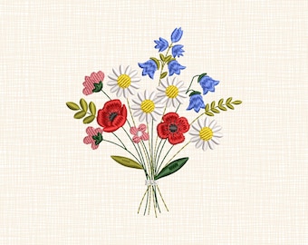 ミニワイルドフラワーブーケPES、小さな花の草原刺繍デザイン5サイズ即時ダウンロード