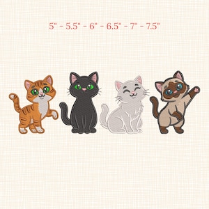 Puede incluir: Cuatro parches bordados de gatos en naranja, negro, gris y marrón con varias poses. Los parches miden entre 12,7 cm y 19,05 cm. El texto "5" - "5.5" - "6" - "6.5" - "7" - "7.5" se muestra arriba.