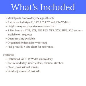Op de afbeelding: Een witte achtergrond met blauwe bannertekst met de tekst 'Wat is inbegrepen'. De tekst geeft de kenmerken weer van een sportborduurontwerpbundel, inclusief maten van 2,54 cm tot 5,08 cm breed, bestandsformaten en opties voor aangepaste formaten.