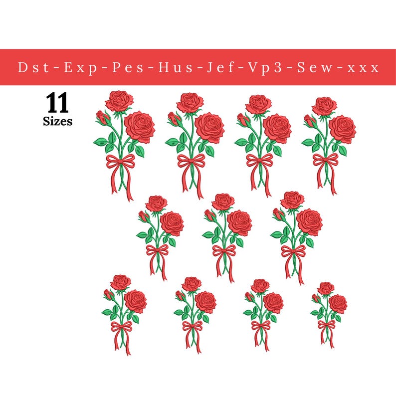 Pes Red Roses Red Rose Bouquet Embroidery Design, Romantic Rose Machine Embroidery ...