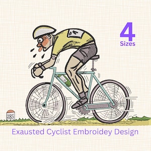 Könnte beinhalten: Gesticktes Design eines erschöpften Radfahrers auf einem Fahrrad. Der Radfahrer trägt ein gelbes Trikot und graue Shorts. Das Fahrrad ist hellblau. Der Text "Exausted Cyclist Embroidery Design" steht am unteren Rand des Bildes. Das Bild enthält auch den Text "4 Sizes".